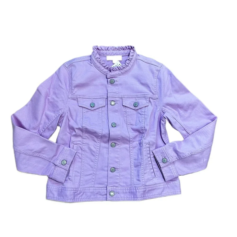 NWT - Talbots Lilac Ruffle Neck Denim Jacket MP Stretch Cotton Blend Petite - Picture 4 of 10